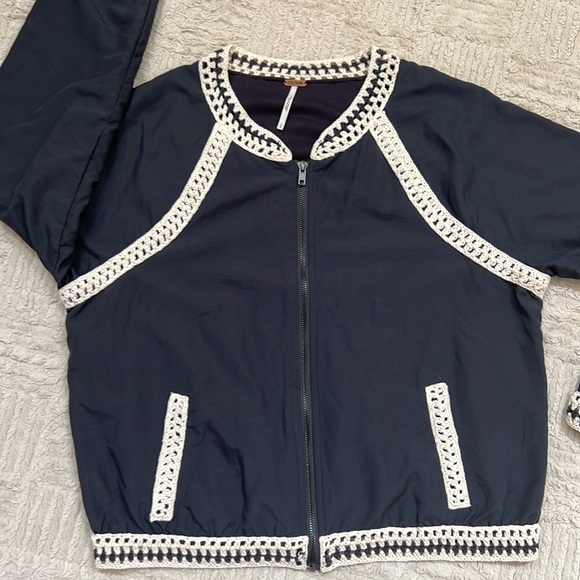 Free People baseball jacket cropped crochet trim Size Large - Picture 11 of 16